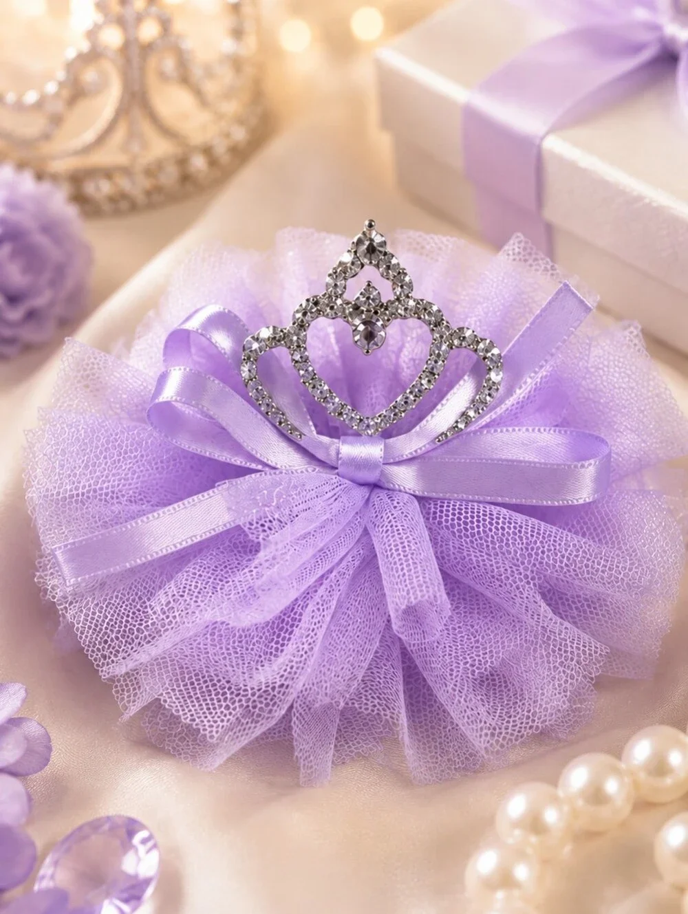 Princess Crown Tulle Hair Bow Clip Rhinestone Girls NWT 4.5